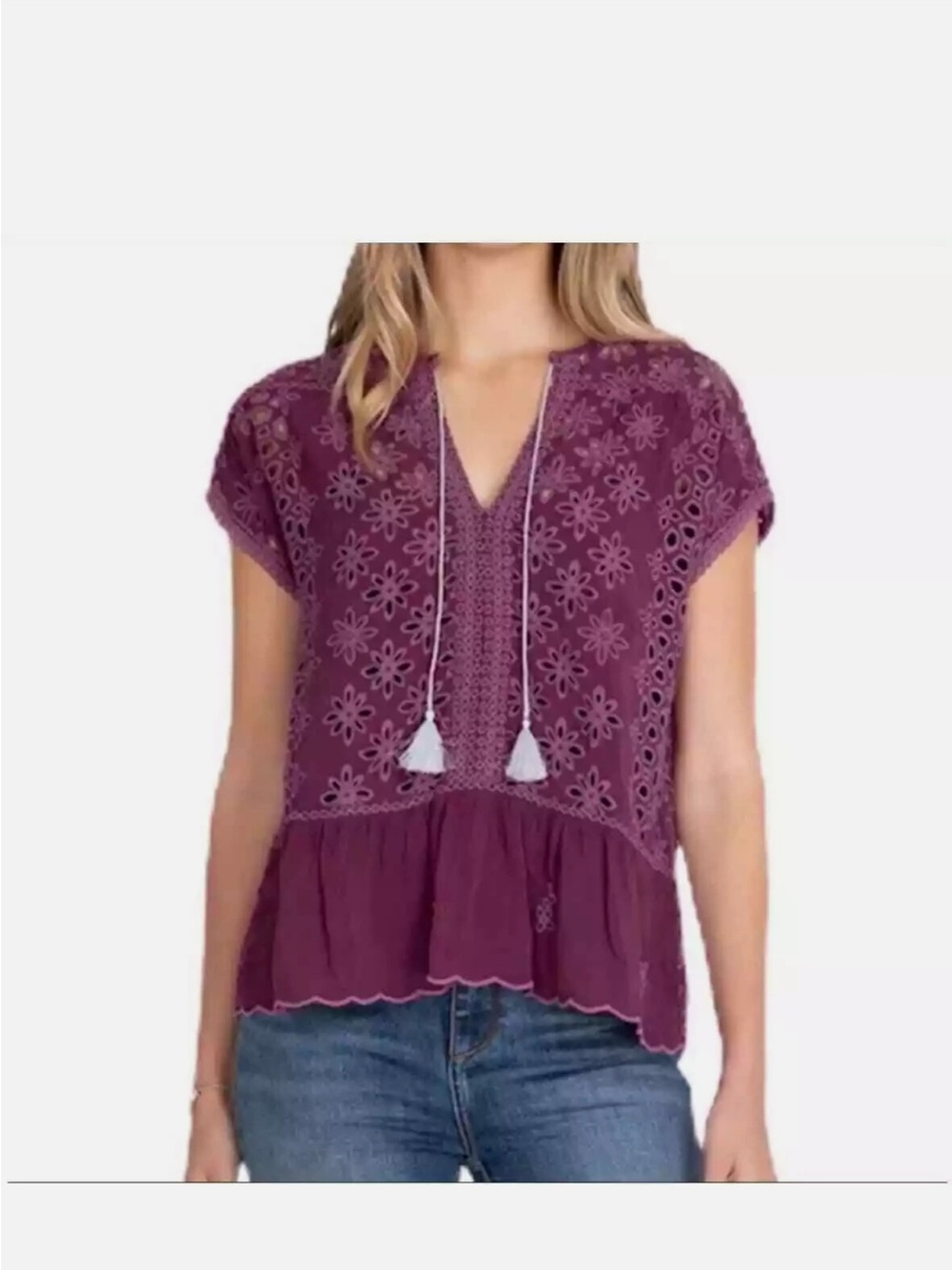 Johnny Was Plum Eyelet Peplum Blouse